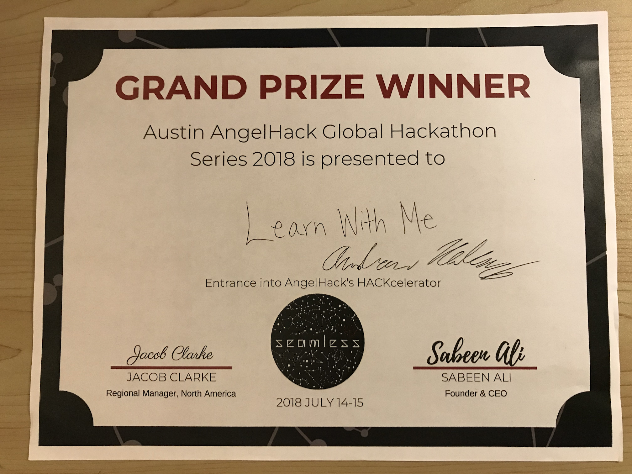 AngelHack 2018 Austin Grand Prize Certificate